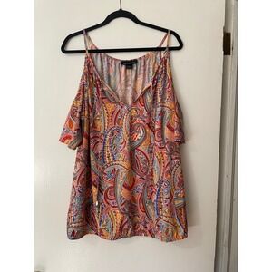 Ashley Stewart Cold Shoulder Paisley Print Top Blouse Size 18 20 Orange Blue